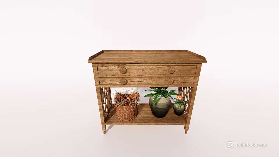 Natural Wooden Entryway Console Table With Drawers And Shelf Holding Decorative Plants And Basket 3d model 