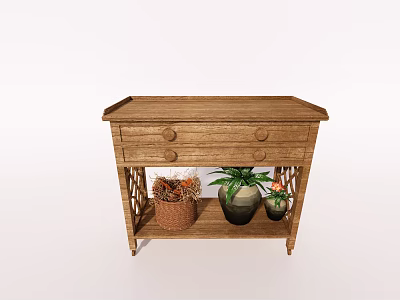 Natural Wooden Entryway Console Table With Drawers And Shelf Holding Decorative Plants And Basket 3d model