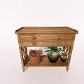 Natural Wooden Entryway Console Table With Drawers And Shelf Holding Decorative Plants And Basket