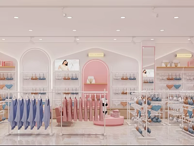 Modern Elegant Children's Clothing Store With Pink White Display Racks Clothing Shoes And Decorative Paintings 3d model