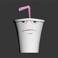 White Cup With Cartoon Face Design And Pink Straw On Black Background