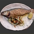 Grilled Whole Fish On White Plate With Lemon Slice Onion Slices And Vegetables