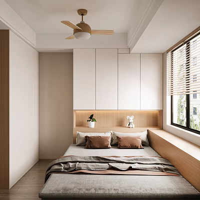 Modern Tatami Bedroom Interior With Wooden Accents Cabinets Window Blinds And Ceiling Fan 3d model