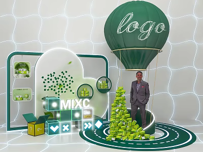 Green Hot Air Balloon Logo MXC Photo Check In Spot With Man In Suit Green Trees 3d model