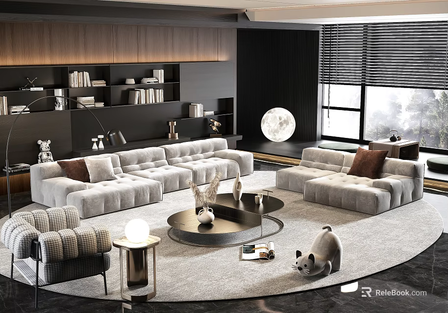 Modern L Shaped Sofa Coffee Table Combination With Round Coffee Tables And Area Rug 3d model 