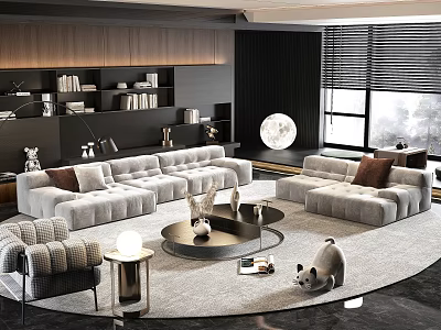 Modern L Shaped Sofa Coffee Table Combination With Round Coffee Tables And Area Rug 3d model