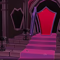 Purple And Pink Architectural Structure With Red Shield Shape Steps Black Stools And Arched Entrance
