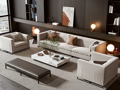Modern Sofa and Coffee Table Set with Light Gray Upholstery Throw Pillows Armchairs and Bench 3d model