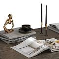 Elegant Decorative Ornament Set With Open Magazines Eyeglasses Golden Figurine And Notebooks On Wooden Tabletop