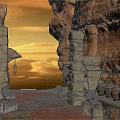 Stone Arch Entrance In Rocky Cave With Lanterns Clay Pots Red Carpet And Sunset