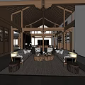 Chinese Style Hotel Lobby With Wooden Ceiling Decorative Elements And Cozy Sofas 3d model