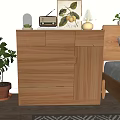 Natural Wooden Dresser with Potted Plant Table Lamp and Decorative Painting in Bedroom