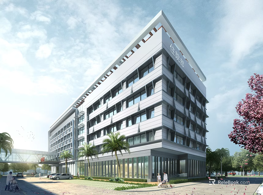 Modern Hospital Building Exterior With Glass Facade Palm Trees And Pedestrians 3d model 