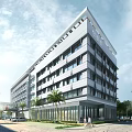 Modern Hospital Building Exterior With Glass Facade Palm Trees And Pedestrians