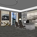 Modern Office Interior Featuring Sofa Coffee Table Desk Chairs Bookshelves And Large Windows