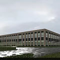 Modern Office Building Exterior With Large Glass Windows And Landscaped Lawns