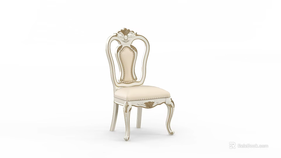 European Style Dining Chair With Carved Details Curved Backrest And Beige Cushion 3d model 