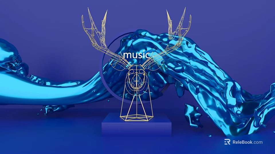 Golden Geometric Deer Head Sculpture with Music and Blue Fluid Background 3d model 
