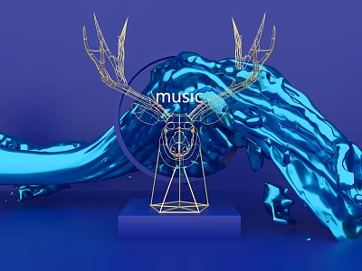 Golden Geometric Deer Head Sculpture with Music and Blue Fluid Background 3d model