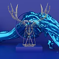 Golden Geometric Deer Head Sculpture with Music and Blue Fluid Background