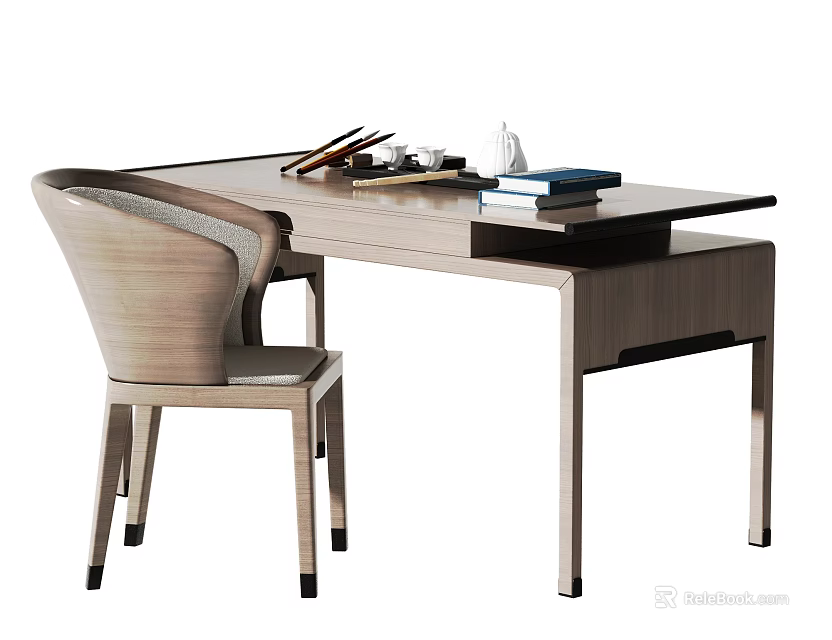 Modern Wooden Desk With Matching Chair Books Stationery And Decorative Item 3d model 