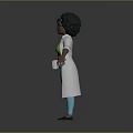 Woman with curly afro hairstyle wearing green top white coat blue pants and utility belt