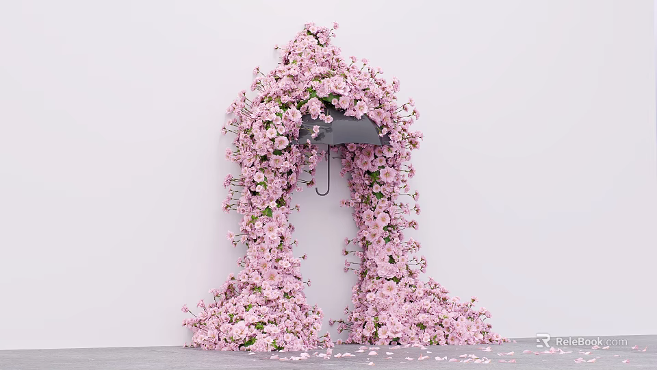 Pink Flower Adorned Umbrella Photo Spot With Cascading Blooms And Scattered Petals On Ground 3d model 