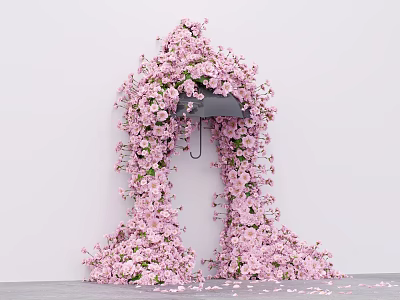 Pink Flower Adorned Umbrella Photo Spot With Cascading Blooms And Scattered Petals On Ground 3d model