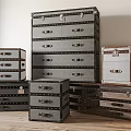 Vintage Trunks with Metal Rivets Stacked in Interior Room with Wooden Floor