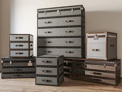 Vintage Trunks with Metal Rivets Stacked in Interior Room with Wooden Floor 3d model