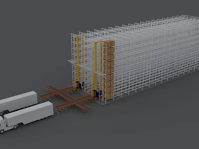 Industrial Storage Equipment with Automated Racking System and Stacker Crane Handling Pallets Near Warehouse Truck 3d model
