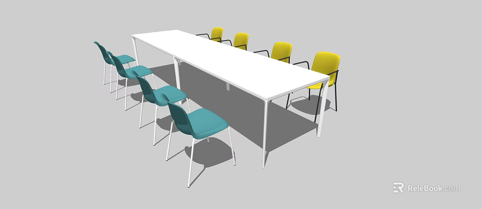 White Conference Table With Modern Design And Blue Yellow Chairs In Office 3d model 
