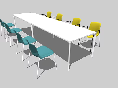 White Conference Table With Modern Design And Blue Yellow Chairs In Office 3d model