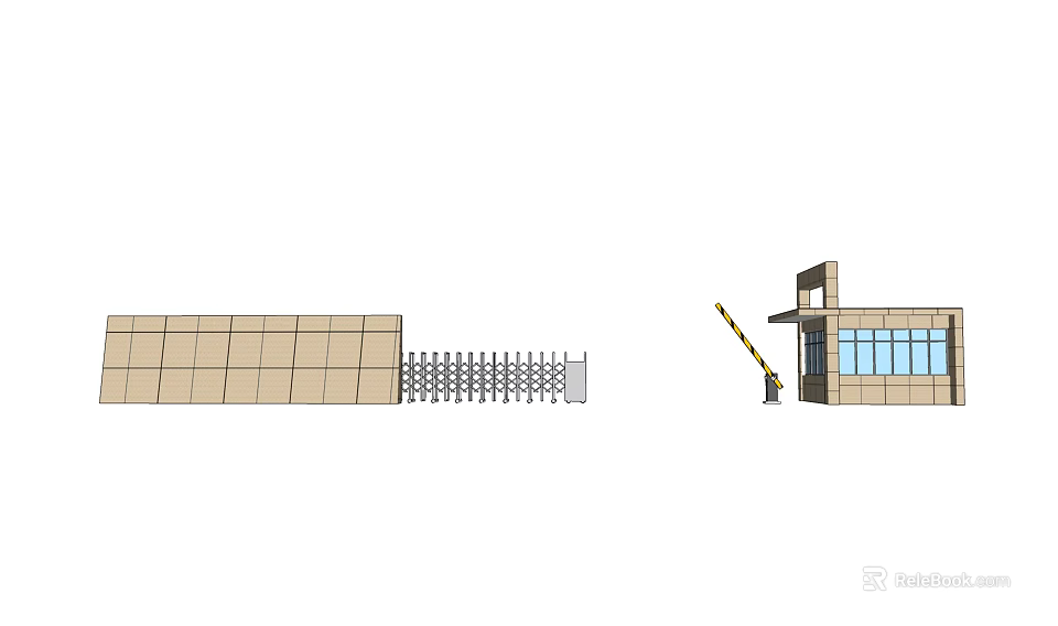 Entrance Gate With Sliding Fence Brown Brick Wall Security Guard Booth And Yellow Black Barrier 3d model 