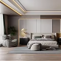 Stylish Modern Bedroom Interior With Large Bed Striped Chair Black Wardrobe And Green Plant