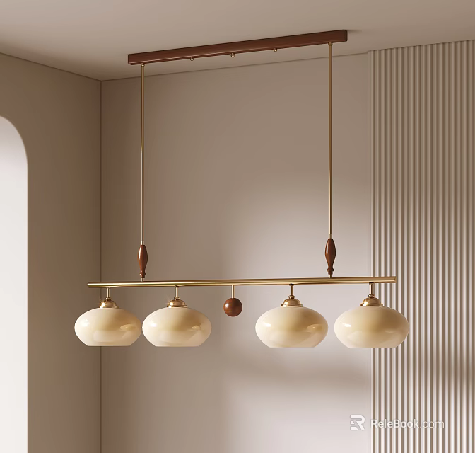 Modern Brass Chandelier With Four White Light Shades And Wooden Accents In Minimalist Interior 3d model 