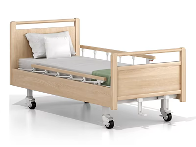 Single Bed With Wooden Frame Wheels Side Rails White Pillow And Gray Mattress 3d model