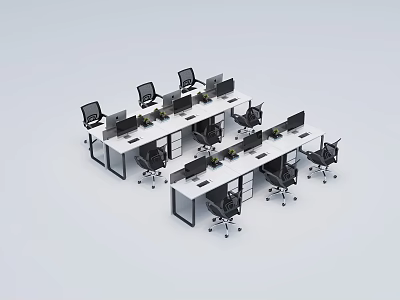 Modern Office Desks Setup With Black Ergonomic Chairs And Computer Monitors 3d model