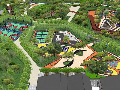 Residential Landscape Design With Sports Courts Play Area Green Trees And Paths 3d model