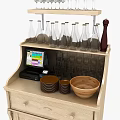 Commercial Equipment Wooden Cabinet With Shelves Holding Wine Glasses Bottles POS Terminal And Bowls