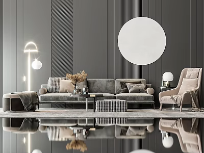 Modern Living Room Sofa And Coffee Table Set With Circular Mirror Floor Lamp And Armchair 3d model