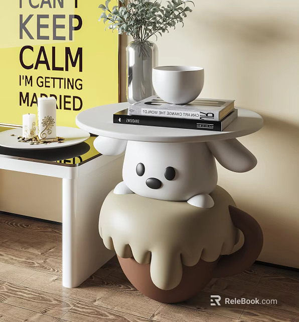 Modern Puppy Shaped Side Table With Stack Of Books White Cup And Melted Cream Base 3d model 