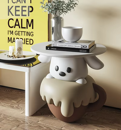 Modern Puppy Shaped Side Table With Stack Of Books White Cup And Melted Cream Base 3d model