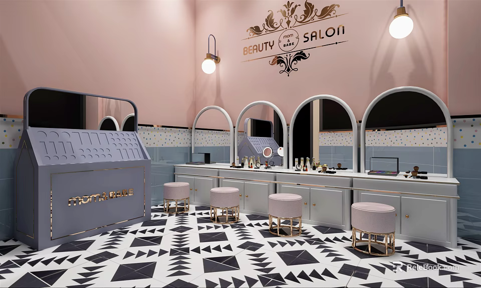 Elegant Vanity Table Interior With Pink Walls Arched Mirrors And Geometric Floor 3d model 