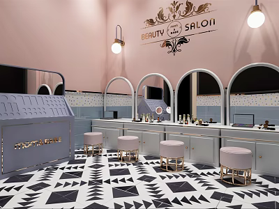 Elegant Vanity Table Interior With Pink Walls Arched Mirrors And Geometric Floor 3d model