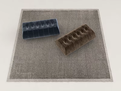 Blue And Brown Upholstered Ottoman Sofa Stools Placed On Grey Striped Rug 3d model