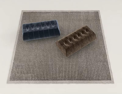 Blue And Brown Upholstered Ottoman Sofa Stools Placed On Grey Striped Rug 3d model