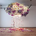 Hanging Garden Floral Installation With Colorful Flowers Scattered Petals And Lighting