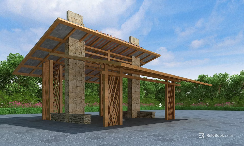 Rustic Pergola with Stone Pillars and Wooden Beam Roof in Green Outdoor Space 3d model 