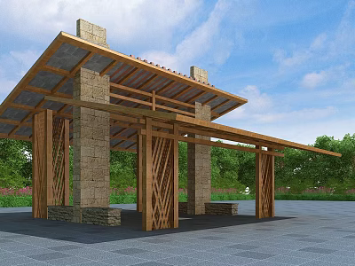 Rustic Pergola with Stone Pillars and Wooden Beam Roof in Green Outdoor Space 3d model